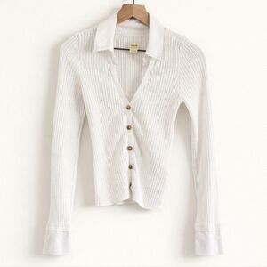 Maeve by Anthropologie Ribbed Collared Cardigan White Button‎ Front Size Small